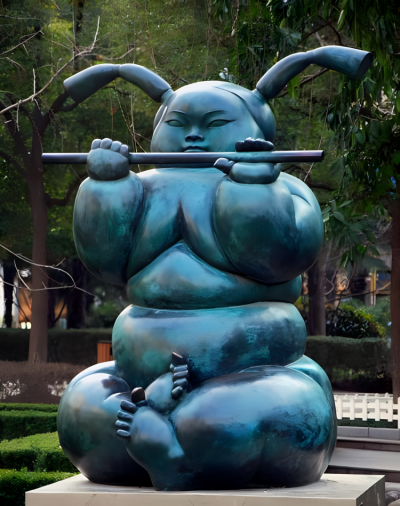 園林?jǐn)[件創(chuàng)意青銅擺件吹笛子的胖人物雕塑