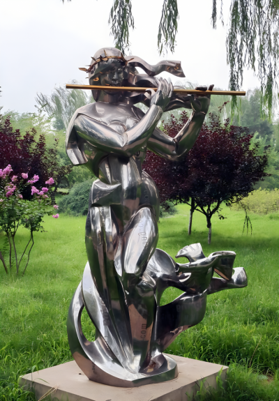 園林草坪不銹鋼抽象吹笛子的人物雕塑