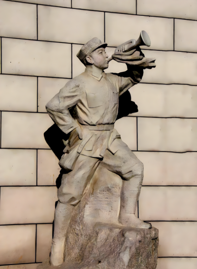 戶外街道石雕吹軍號的八路軍人物雕塑