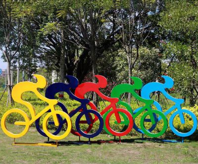 公園草坪不銹鋼剪影抽象騎自行車抽象人物雕塑