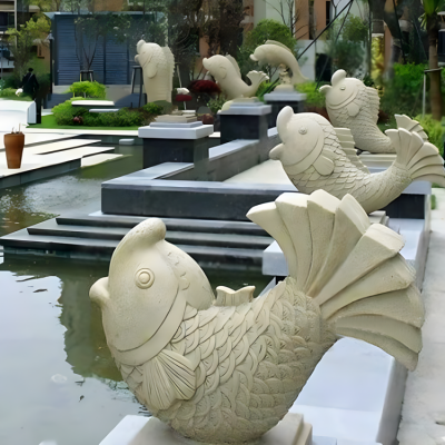 小區別墅大理石石雕水景擺件海洋動物噴水魚裝飾雕塑