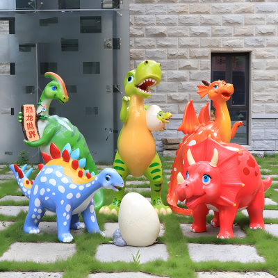 步行街美陳裝飾景觀擺件玻璃鋼卡通恐龍組合小品擺件