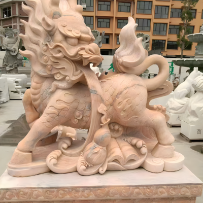 晚霞紅石雕庭院寺廟大型動物景觀神獸麒麟雕塑