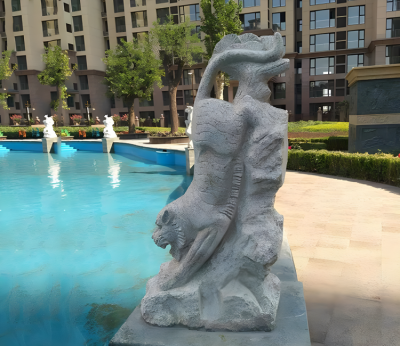 園林戶外創意青石石雕動物擺件水景池塘裝飾老虎雕塑