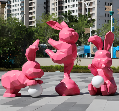 花園景觀裝飾擺件玻璃鋼幾何塊面動物擺件卡通抽象兔子雕塑
