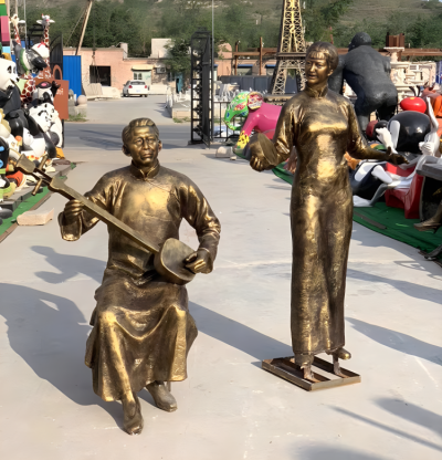 玻璃鋼仿銅民俗音樂彈唱人物情景雕塑
