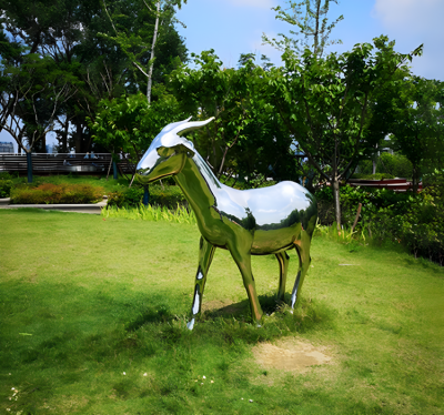 庭院草坪動物擺件定制不銹鋼鏡面抽象十二生肖羊雕塑