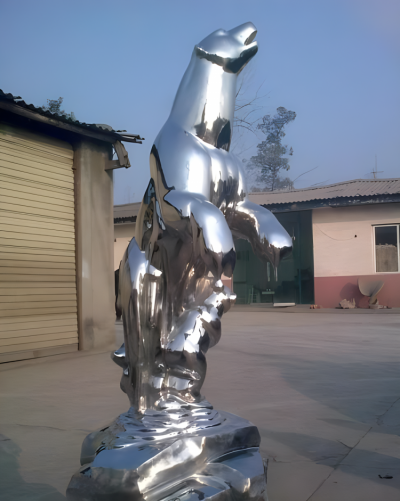 戶外景觀裝飾擺件不銹鋼鏡面抽象動物擺件北極熊雕塑