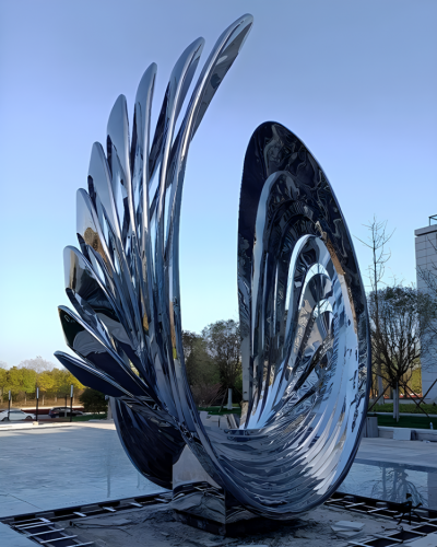 抽象鏡面不銹鋼翅膀羽毛雕塑